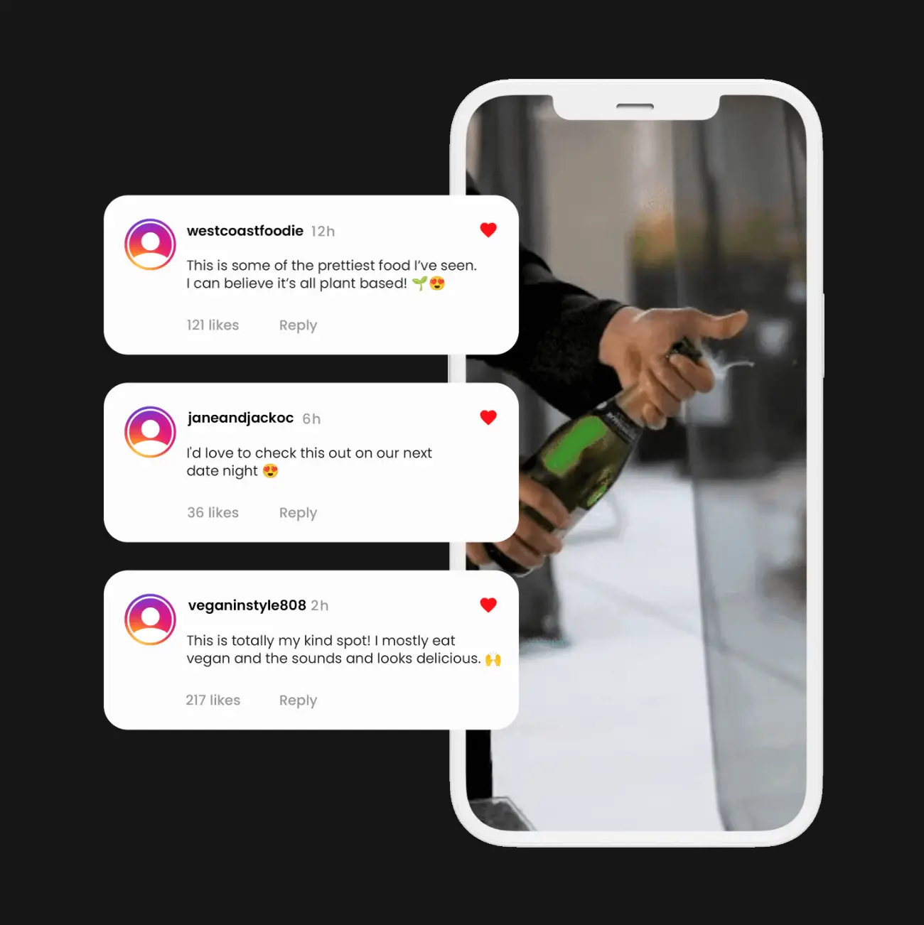 Phone displaying food comments and bottle opening.